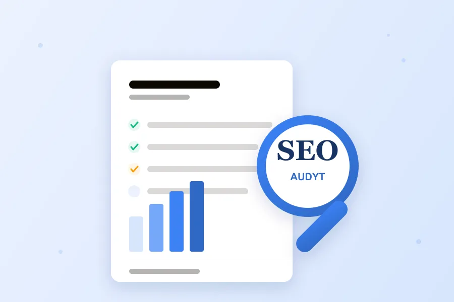 Audyt SEO — checklista i lupa symbolizujące analizę widoczności strony w Google